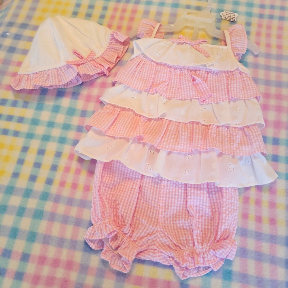 YOUNGLAND ♡ Precious NWOT 3pc Pink 'n White Gingham Eyelet Ruffled Outfit 6/9M